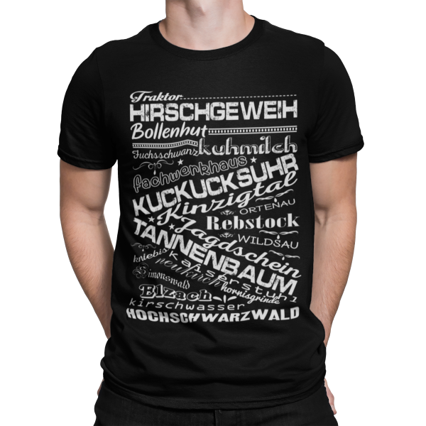 schwarzwald maenner t-shirt - mit schwarzwaelder traditionellen begriffen wie bollenhut und kuckucksuhr