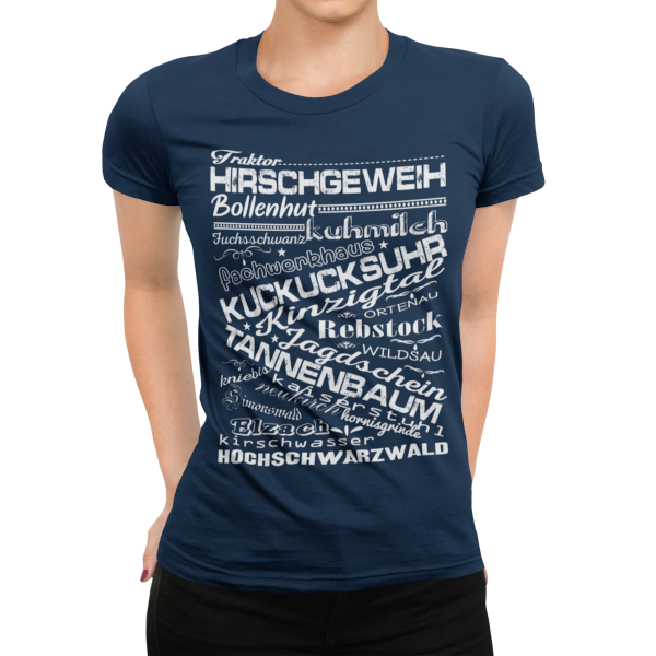 schwarzwald maidle t-shirt - mit schwarzwaelder traditionellen begriffen wie bollenhut und kuckucksuhr