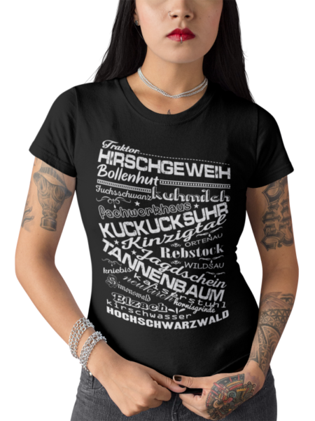 schwarzwald frauen t-shirt - mit schwarzwaelder traditionellen begriffen wie bollenhut und kuckucksuhr