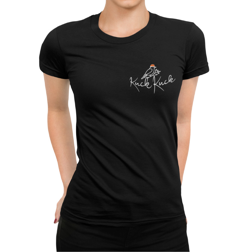 schwarzwald frauen t-shirt - Kuckuck ruf -mit der aufschrift kuckkuck und einer zeichnung von einem kuckuck mit bollenhut