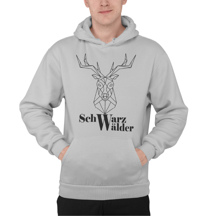 Schwarzwald maenner hoodie - schwarzwaelder mit einem hirschkopf als lineart zeichnung und der aufschrift schwarzwaelder