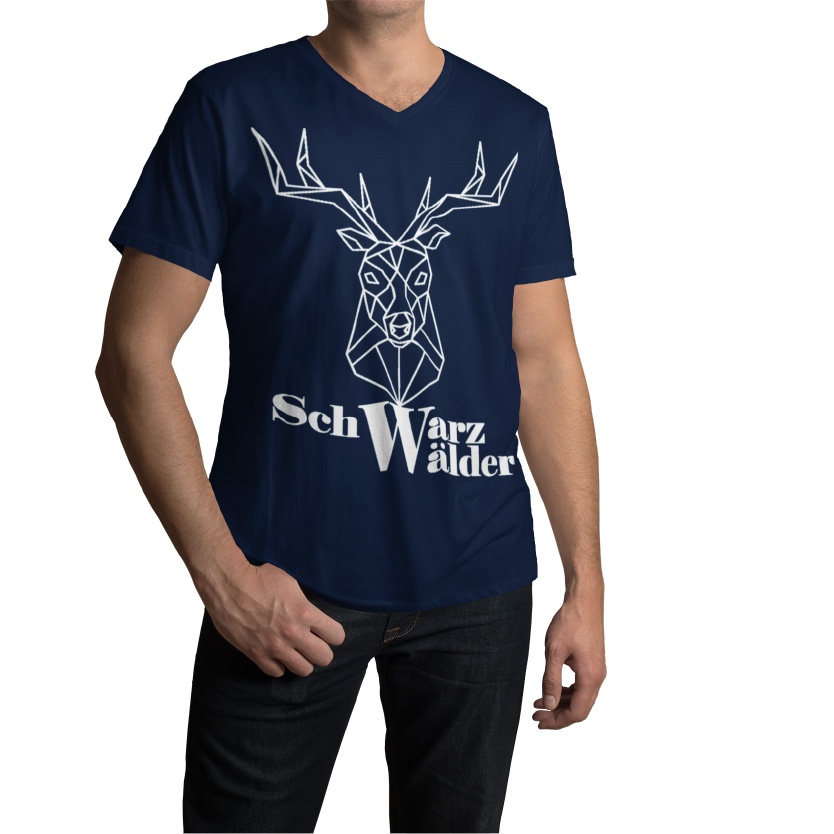 Schwarzwald maenner t-shirt - schwarzwaelder mit einem hirschkopf als lineart zeichnung und der aufschrift schwarzwaelder