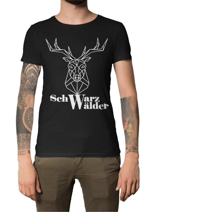 Schwarzwald maenner t-shirt - schwarzwaelder mit einem hirschkopf als lineart zeichnung und der aufschrift schwarzwaelder