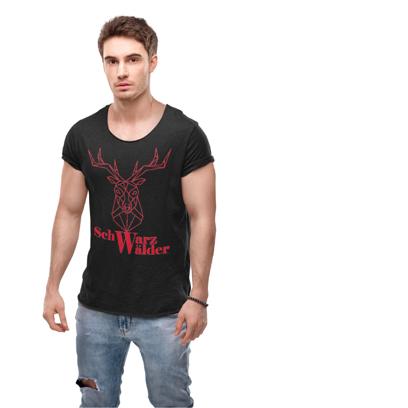 Schwarzwald maenner t-shirt - schwarzwaelder mit einem hirschkopf als lineart zeichnung und der aufschrift schwarzwaelder