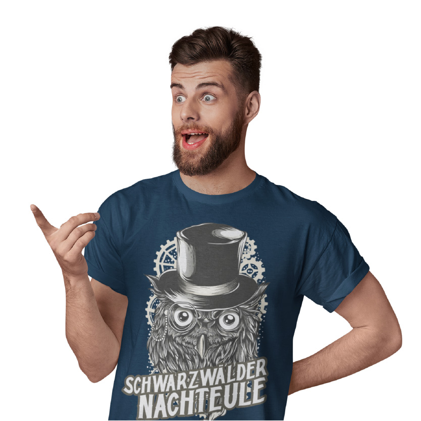 schwarzwald t-shirt - mit einer eule die einen zylinder traegt und die aufschrift schwarzwaelder nachteule