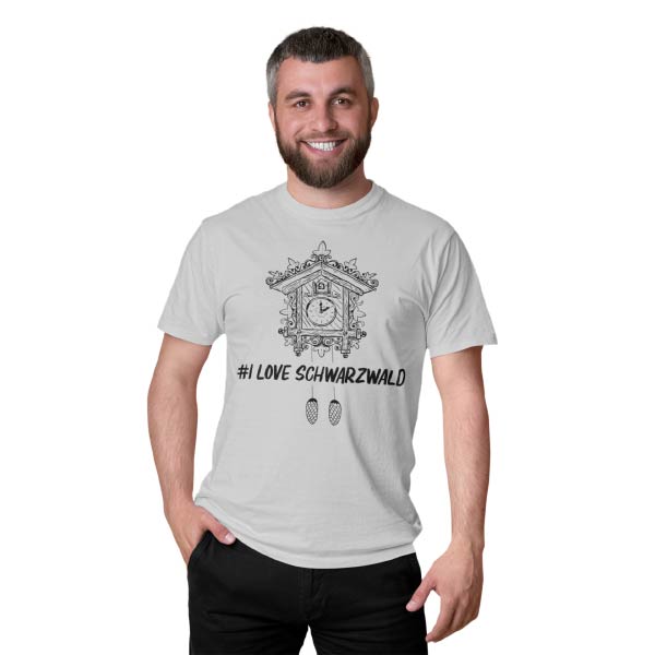 graues maenner t-shirt auf dem eine kuckucksuhr mit der aufschrift hashtag i love schwarzwald steht