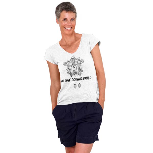 weisses frauen t-shirt auf dem eine kuckucksuhr mit der aufschrift hashtag i love schwarzwald steht