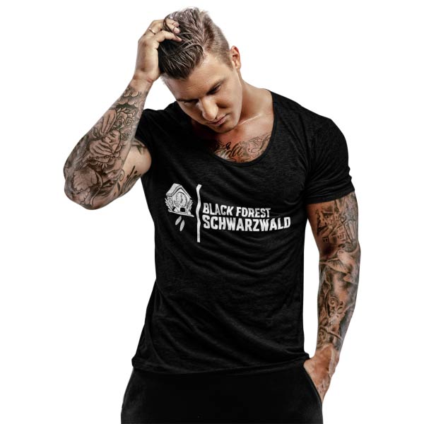 schwarzes shirt mit der aufschrift black forest schwarzwald und einem bild von einer kuckucksuhr