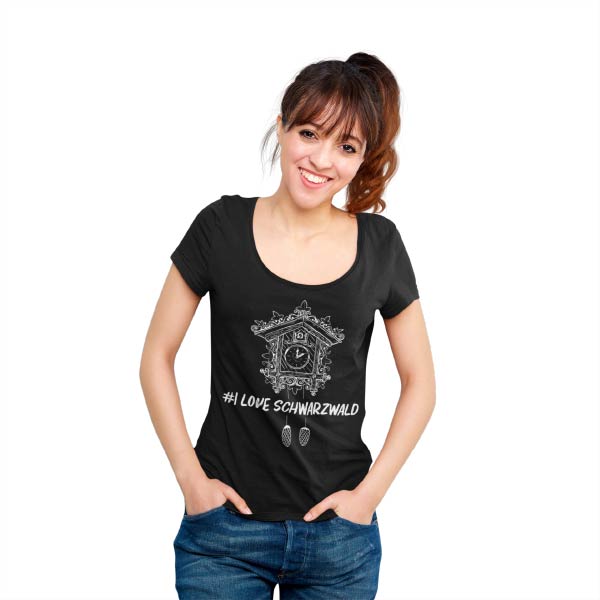 schwarzes frauen t-shirt auf dem eine kuckucksuhr mit der aufschrift hashtag i love schwarzwald steht