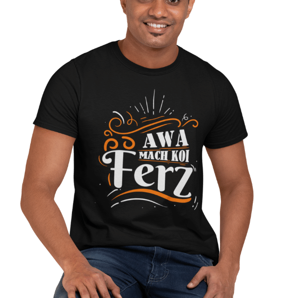 mann der auf einem stuhl sitzt mit einem schwarzen rundhalsausschnitt tshirt mit design alemannisch mach koi ferz
