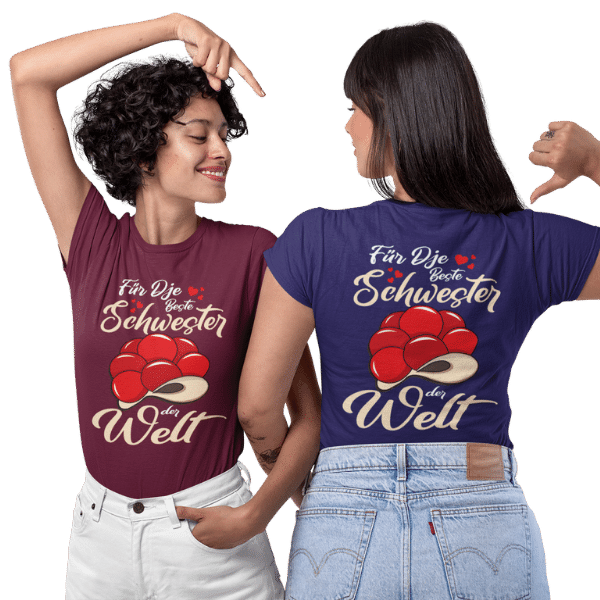 zwei frauen im studio mit violettem und blauem t-shirt mit motiv beste schwester im schwarzwald