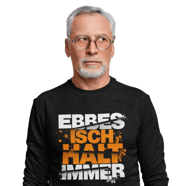 grauhaariger mann mit schwarzem langarm t-shirt mit alemannischem spruch