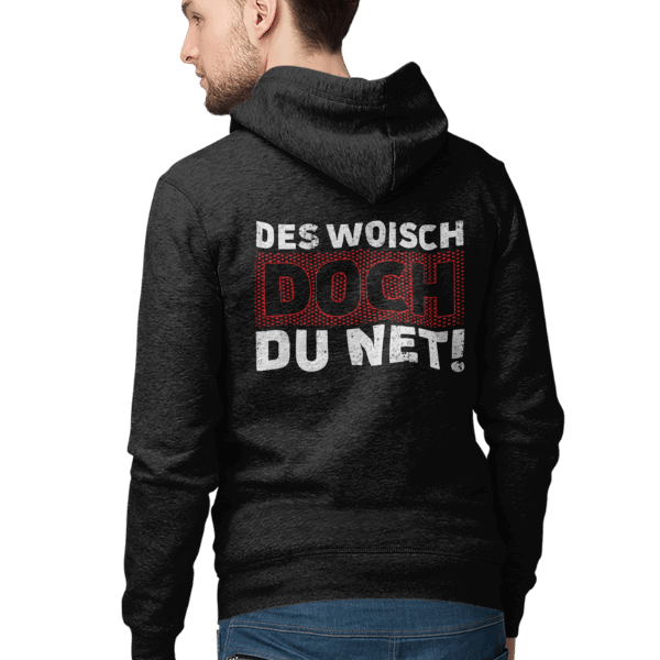 mann mit schwarzem hoodie mit motiv des woisch doch du net