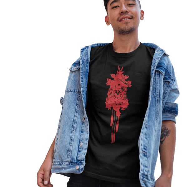 mann mit jeansjacke und schwarzem t-shirt mit design schwarzwaelder kuckucksuhr rot