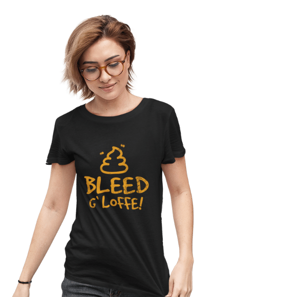 frau mit kurzen haaren und schwarzem shirt mit bleed gloffe bildmotiv