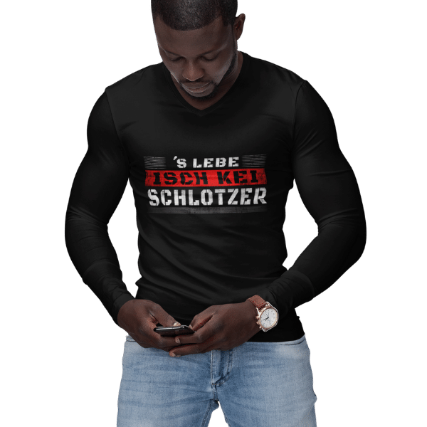 mann mit handy und langarm shirt mit design slebe isch kei schlotzer