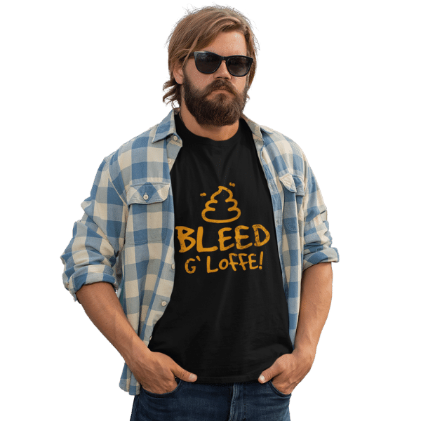 mann mit sonnenbrille und schwarzem t-shirt mit bleed gloffe motiv