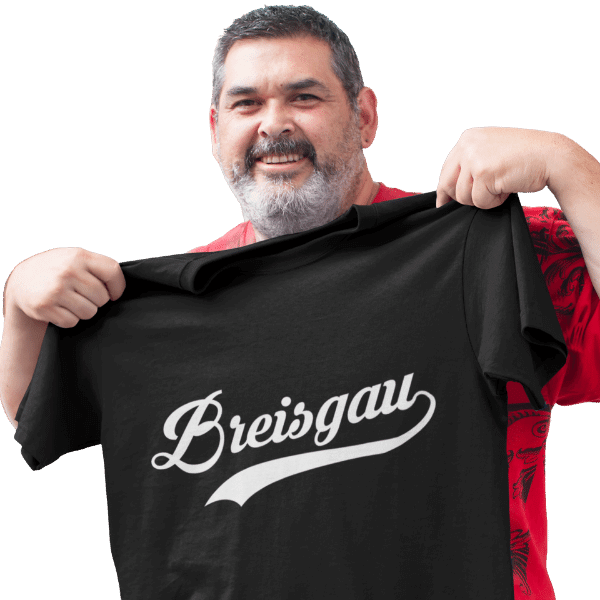baertiger mann mit schwarzem t-shirt mit motiv breisgau