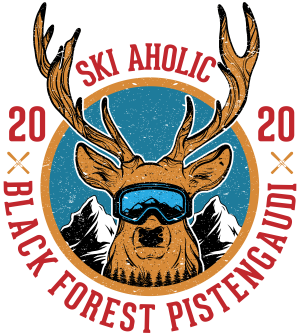 schwarzwald-tshirt-design-blackforest-pistengaudi schwarzwald maenner t-shirt - mit dem motiv von einem hirsch mit skibrille und dem spruch ski aholic, black forest pistengaudi