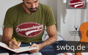 mann schreibend auf dem bett mit gruenem t-shirt mit donaueschingen design