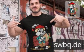 mann mit bart und schwarzem t-shirt mit gangster hase aufdruck