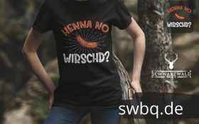 frau im wald mit schwarzem shirt mit design henna no wirschd