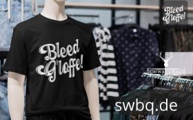 schaufensterpuppe mit schwarzem t-shirt mit dem design bleed gloffe alemannischer spruch